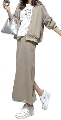 [YUANYUAN] ２点セット レディース アウター＆ロングスカート 上下セットアップ スカートスーツ 春服 秋服 夏服 ジャケット ストレート 後ろスリット 無地 カジュアル ゆったり シンプル 大人 可愛い オシャレ リゾート 春 夏 秋 (べジュー,L)のサムネイル