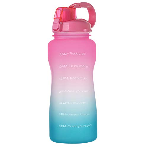 Yunyu Half Gallon 64 oz Motivational Drinking Bottle, Leakproof Tritan BPA Free Water Jug, with Straw & Time Marker, Carry Handle, Wide Mouth, 2L Easy-clean Water Bottle for Fitness, Travel and Sports (B2-Pink Green Gradient)
