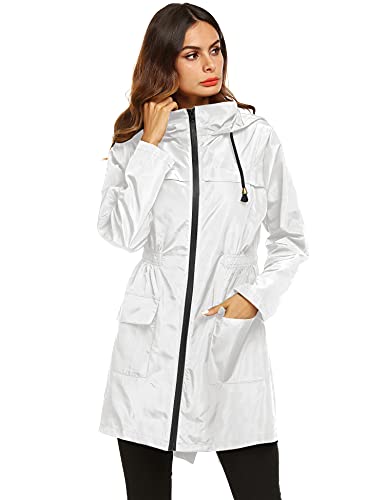 LOMON Womens Lightweight Waterproof Rain Jacket Active Outdoor Hooded Raincoat with Pockets White XL