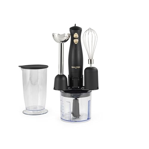 Salter Alchemy Hand Blender Set – 3 in 1 Food Chopper, Whisk & Immersion Stick Blending Rod, 2 Speed Settings, 500ml Chopping Bowl, 700ml Storage Beaker, Stainless Steel Blades, 350W, Black/Gold