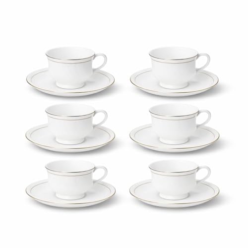 Image of Tableware Fine Bone China Cup and Saucer Set of 12 (6 Plates & 6 Cups) with Elegant Gold Line - 160 ML