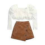 RSRZRCJ Kids Toddler Baby Girl Fall Winter Outfit Long Puff Sleeve Faux Fur Crop Top PU Leather Mini