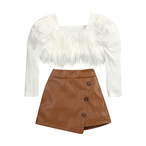 Rsrzrcj Kids Toddler Baby Girl Fall Winter Outfit Long Puff Sleeve Faux Fur Crop Top Pu Leather Mini Skirt 2Pcs Clothes Set (White Fur+Brown, 4-5T) #TOP3