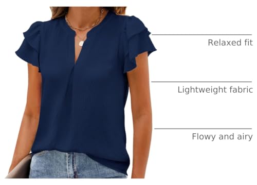 SimpleFun Work Tops for Women Short Sleeve Chiffon Business Casual Top V Neck Summer Dress Shirts and Blouses, Navy, S — view 4