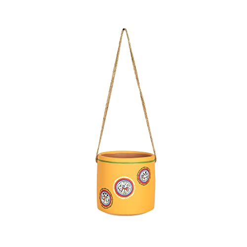 Image of AAKRITI ART CREATIONS Terracotta Hanging Planter | Yellow Warli Art Design, Matte Finish | Decorative Hanging Pot for Indoor & Outdoor Home Decor