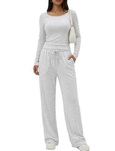 oncharm Women's 2 Piece Lounge Set Wide Leg Pants Matching Outfits with Pockets Travel Airport Workout Loungewear Sets