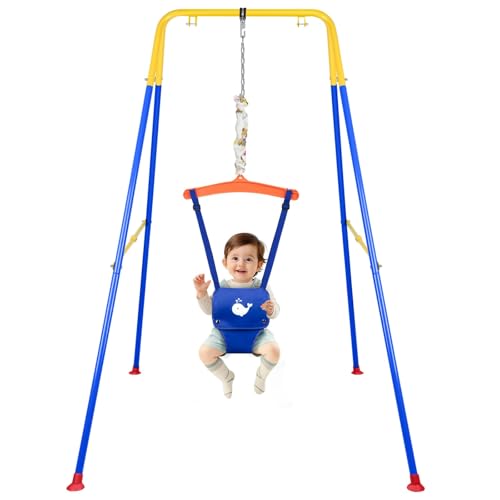 Baby Jumper with Stand, Baby Jumpers and Bouncers for Indoor & Outdoor Play, Swing Set with Stand for 6-24 Months Infant & Toddler Learning to Walk, Easy to Assemble & Store (Blue)