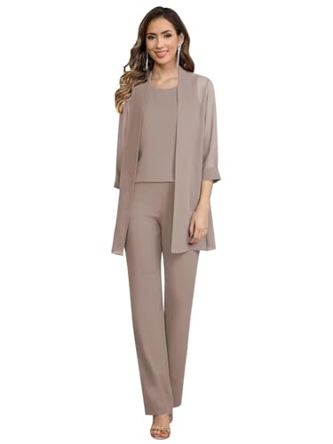 JAEDEN Damen Abendanzug Chiffon Hosenanzug 3 Teilig Festliches Hosenanzug mit Jacke Hochzeitsgast Outfit Taupe 38