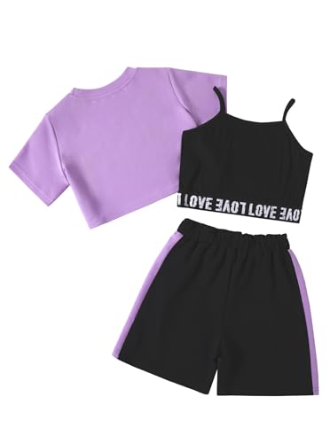 Ecolala Girls 3 Piece Summer Outfits Letter Print Crop Top Cami and Shorts Set Purple Black 7-8 Years