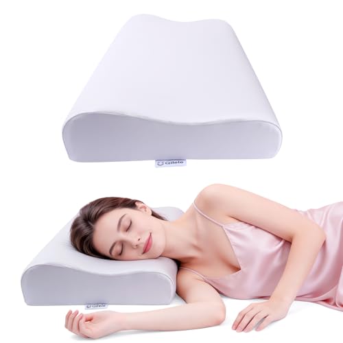 Ergonomic Memory Foam Pillow 2 heights: Mid-Low, Cervical Support Relieve Neck Back Pain, Breathable Cool Ice Silk Anti-Wrinkle Cover, SGS Certificates, for Side Back Stomach Sleeper, Queen Size by QILELE - Used condition - US$17.72