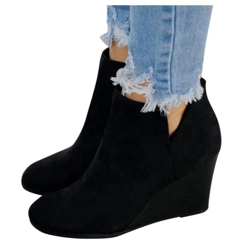 ZHOUYF Womens Wedge Booties Fashion Suede Side Zipper Round Toe Ankle Boots Non-Slip Thick Heel Retro Chelsea Short Boots for Women