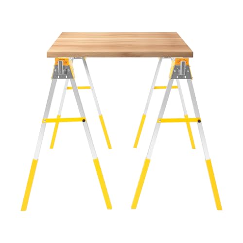 2 Pcs Saw Horse Twin Pack, Folding Saw Horse Saw Horse Pair mit 4 Hooks 1200Kg Weight Capacity Adjustable Legs, Log Workbench Suitable for Warehouses, Factories, Logging Sites (Yellow)