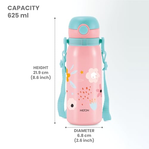 Image of MILTON Torque 650 ISI Certified Stainless Steel Water Bottle, Leak Proof, Rust Proof, Single walled,1 Yr Warranty, Ideal Sipper Water Bottle for School Kids Bottle, 625 ml, Pink (Flowers)