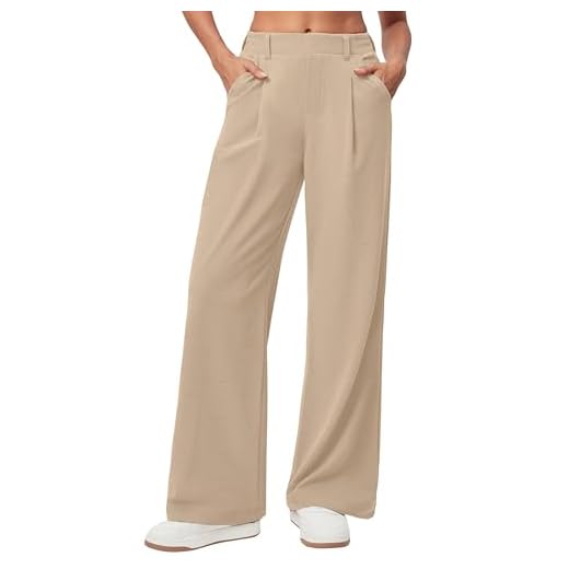 Timuspo Marlenehose Damen Business Lockere Stoffhose Elegant Lässig Locker High Waist Hose mit Taschen Weite Hosen Khaki M Petite
