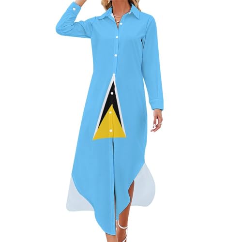 Womens Long Sleeve Maxi Dress Button Down St Lucia Flag Loose Fit Split Long Dresses S