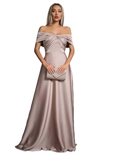 MIMIFINA Women's Off The Shoulder Satin Maxi Dress, Elegant Twist Front Ruched Formal Evening Gown for Party Khaki