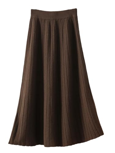 Women Fall Winter Thick A-Line High Waist Skirt Cashmere 100% Merino Wool Knitted Wool Pleated Skirts Coffee L