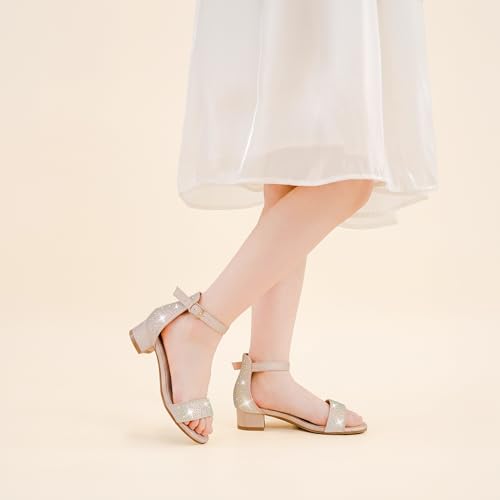 Image of Dufannie Girls Sandals Low Heels Dress Pump Ankle Strap Open Toe Flower Girl Wedding Party for Toddler Little Big Kid