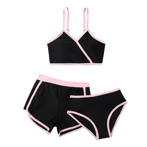 Traje de baño de 3 piezas para niña, traje de baño de cintura alta, conjunto de bikini con pantalones cortos de natación, traje de baño deportivo para adolescentes, ropa de verano para niños, Negro