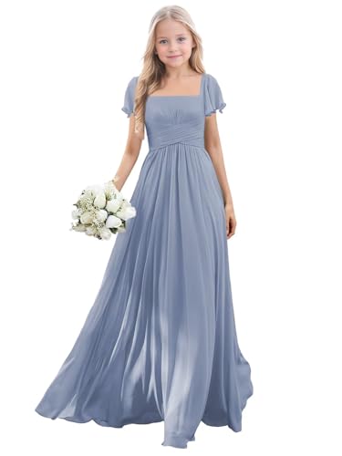 Naocca Dusty Blue Junior Bridesmaid Dresses for Wedding Short Sleeve Square Neck Long Chiffon Flower Girls Dresses Girls US10