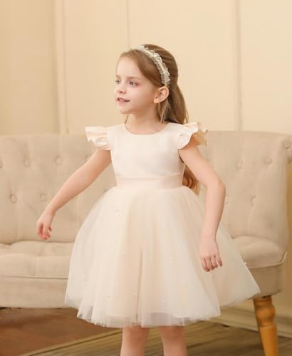Flower Girl Dress Satin and Tulle Toddler Girls Dresses Ruffle Sleeves with Bow for Wedding Party3
