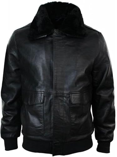 X-ception Aviator Navy G-1 Cockpit Flight Bomber Fur Collar Black Leather Jacket2