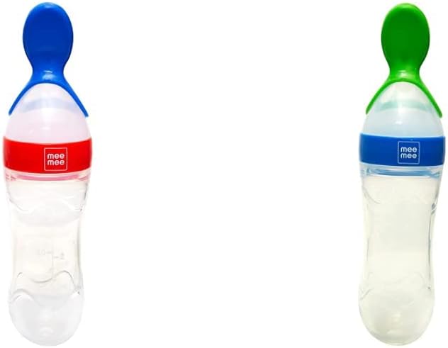 Mee Mee Squeezy Silicone Spoon Feeder with in-Built Stand (Red) & Mee Mee Squeezy Silicone Spoon Feeder with in-Built Stand (Blue)