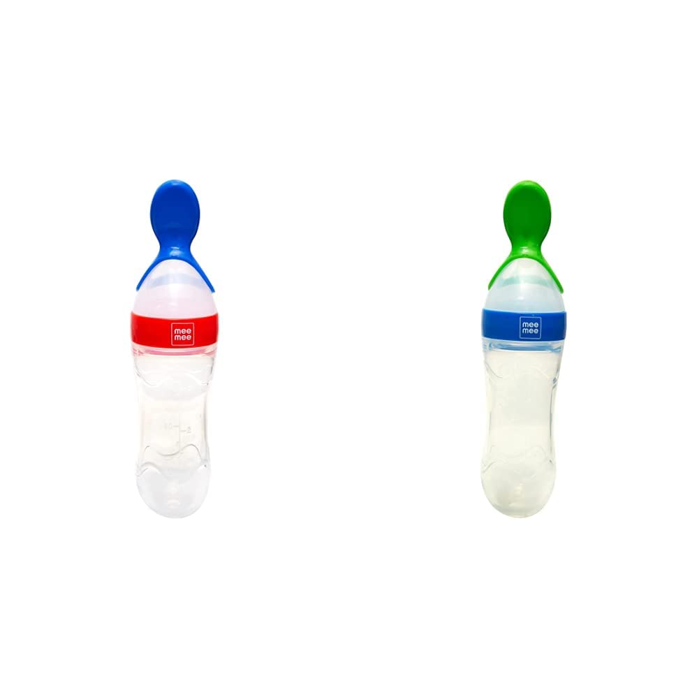 Mee Mee Squeezy Silicone Spoon Feeder with in-Built Stand (Red) & Mee Mee Squeezy Silicone Spoon Feeder with in-Built Stand (Blue)