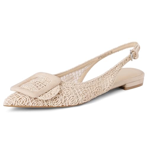 Image of USIMAD Woven Pattern Slingback Mesh Flats for Women Pointed Toe Square Buckle Comfortable Office Dress Shoes