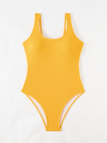 Image of Limeeke Women One Piece Swimsuit Solid Ribbed Monokini Swimwear Scoop Neck Low Back Bathing Suit
