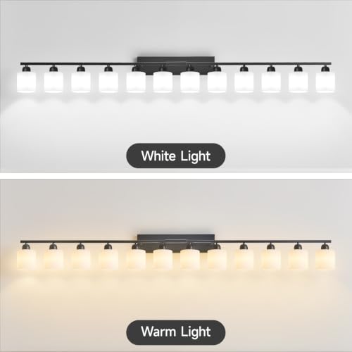 Image of 12 Light Black Vanity Lights for Giant Mirror, Bathroom Vanity Lights Over Mirror with Milky White Frosted Glass Shades,78.8 inch Bathroom Light Fixture for Mirrors, E26