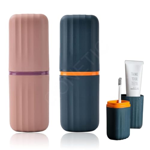 Image of QONETIC Travel Tooth Brush Holder For Bathroom Square Toothbrush Holder For Travel, Portable Toothbrush Case & Tooth Brush Cover Box Organizer For Traveling, Camping, & Business Trips (Blue + Peach)