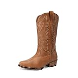 DREAM PAIRS Cowboy Boots for Women Cowgirl Western Mid Calf Boots Snip Toe Embroidered Stitched Low Chunky Heel Pull On Fashion Boots,Size 8,Tan,SDMB25005W-2