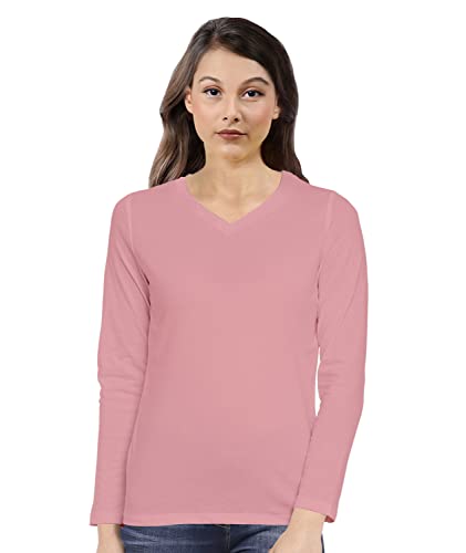 Image of Pooplu Women's Regular Fit Plain V Neck Full Sleeves Multicoloured 100% Cotton Pootlu T Shirt. Stylish, Casual Tshirts