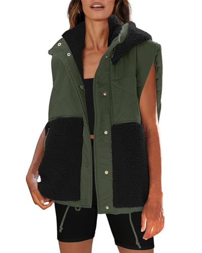 Nirovien Womens Oversized Quilted Vest Color Block Fleece Vest Button Down Padded Outwear Removeable Hooded with Pockets2