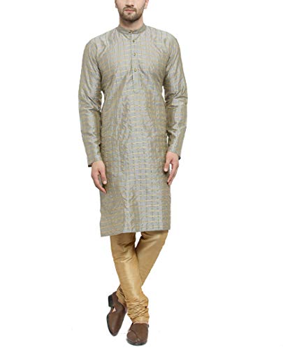 Image of SOJANYA (Since 1958 Men's Silk Blend Grey Checked Kurta & Gold Churidar Pyjama Set Size 38