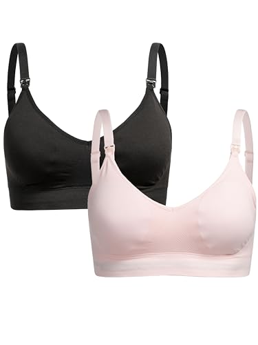 Herzmutter Still BH ohne Bügel - inkl. BH-Verlängerung - herausnehmbare Still-Einlage - Schwangerschaft - gepolstert bügellos - 2er-Set - 5220 (Schwarz/Rosa, L-XL)