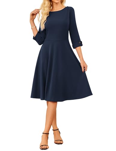 GRACE KARIN Rockabilly Kleid Damen 3/4 Ärmel A-Linie Midikleid U-Boot-Ausschnitt Vintage Sommerkleid Pfauenblau M