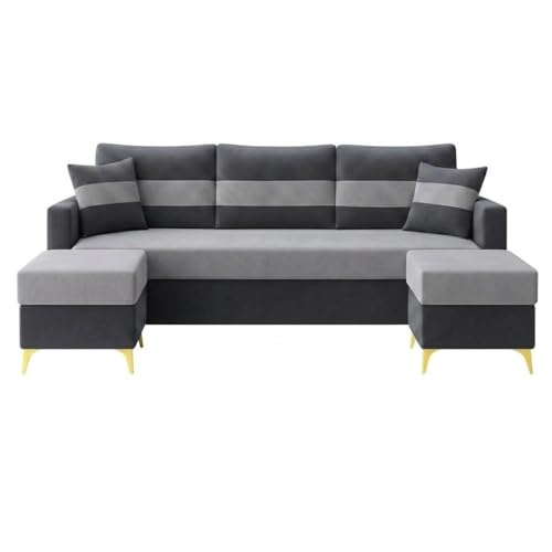 Image of SOCOZI Bastian 5 Seater L Shape Sofa Set with 2 Movable Ottomans | Flexible Layout| Soft Velvet Suede Fabric|Modern Sofa with Golden Legs|Comfort Cushions for Living Room (Light Grey-Dark Grey)