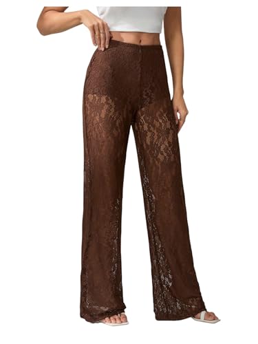 RoseSeek Women's Y2K Floral Lace See Through Pants Sheer Straight Leg Long Pants Club Wear Brown Tall-XL