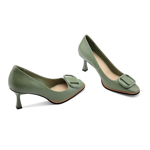 Women's Genuine Leather Elegant Pumps Shoes Handmade Square Closed Toe Stiletto Mid Heels with Buckle Design Trendy Pumps3