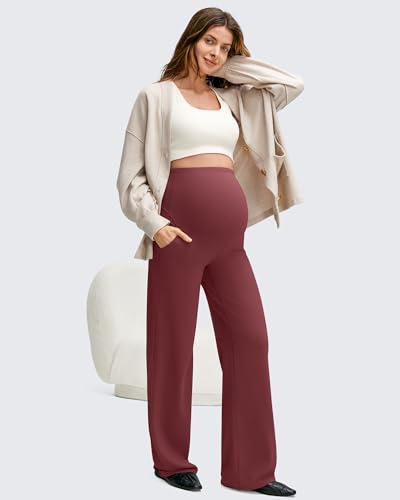 Image of G4Free BareFeel Maternity Pants Over the Belly Pregnancy Trousers for Work | High Waist Coverage,Two Side Pockets,Wide Leg Design,Soft Knit Fabric,for Dress Casual Yoga