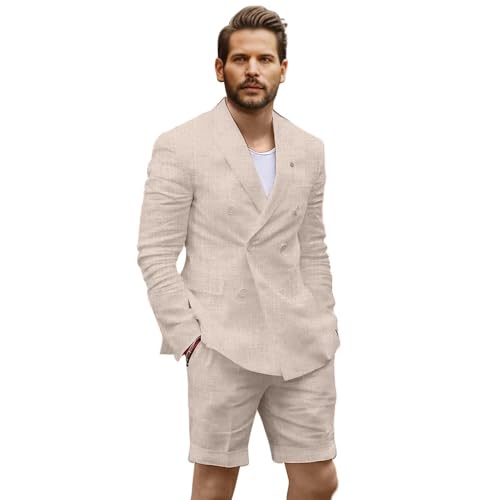 Men's Linen 2 Piece Suit Slim Fit Shorts Suit for Men Summer Casual Lightweight Beach Wedding Tuxedo Groomsmen Suits4