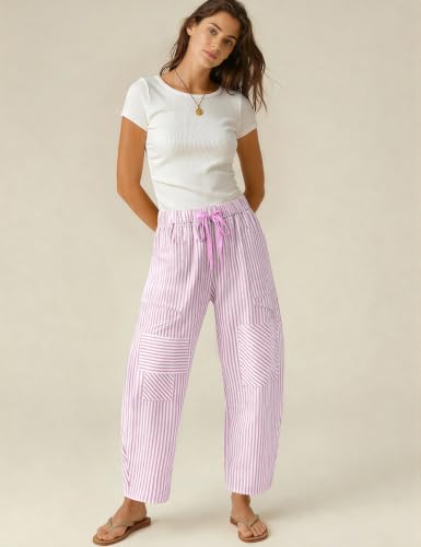 Image of TARSE Womens Striped Linen Barrel Pants with Pockets Y2k Patchwork
