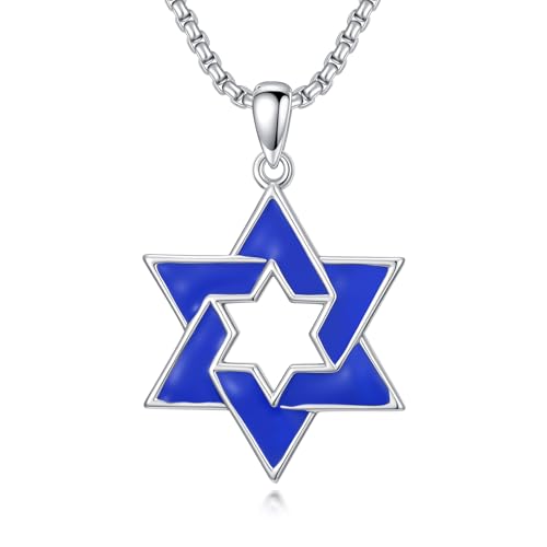 Collier étoile de David juive en argent 925 pour homme et femme avec pendentif bleu