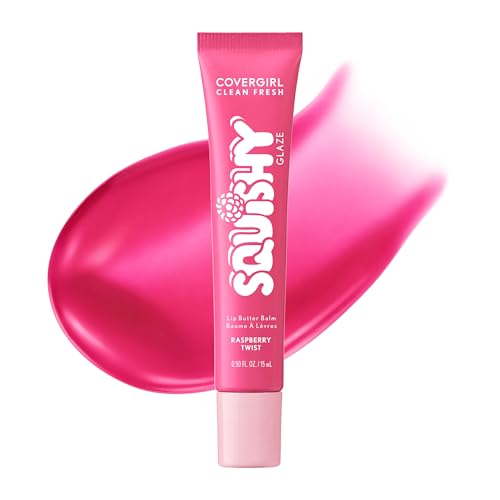 COVERGIRL Clean Fresh Squishy Glaze Lip Butter Balm, Flavored, Non-Sticky, with Vitamin E & Shea Butter – 100 Raspberry Twist (Sheer Fuchsia)