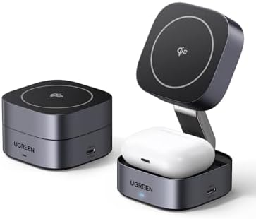 UGREEN 2 in 1 Foldable Charging Station with Qi2 Certification and 15W Power Compatible with MagSafe Charger for iPhone 15/14/13/12, AirPods, Supports Standby Function, with 1M Cable