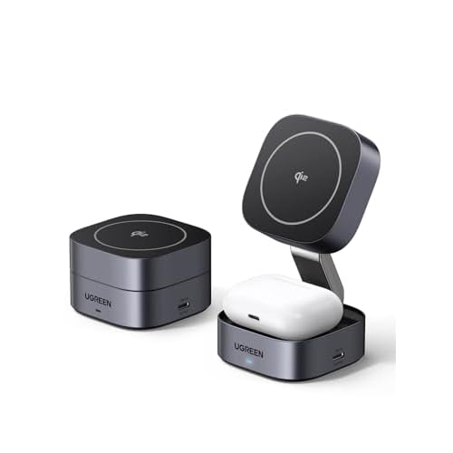 UGREEN MagFlow Qi2 Magnetic Foldable Charging Station, 2-in-1 Fast Wireless Charger Compatible with iPhone 17/17 Air/17 Pro/17 Pro Max 16 15 14 13 12, Airpods3 2 Pro (No AC Adapter), Dark Gr