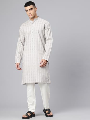 Image of Majestic Man Men's Pure Cotton Textured Check Mandarin Collar Long Kurta