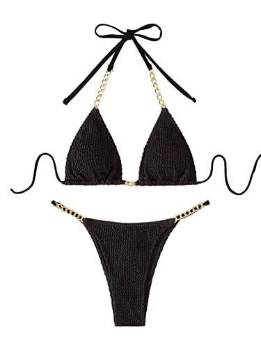 image for Lilosy Sexy Chain Ribbed Textured Halter Micro Bikini Tie Back String 